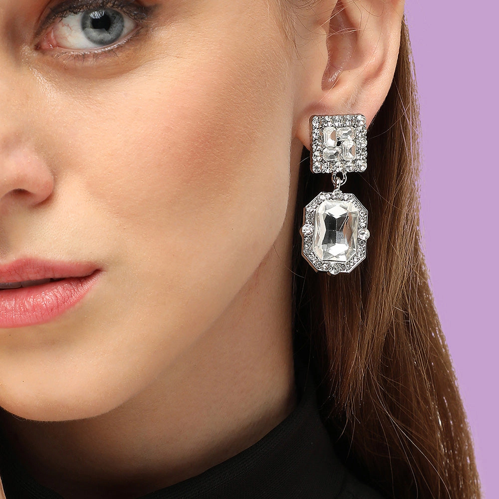 SOHI Women's Silver Crystal Drop Earrings