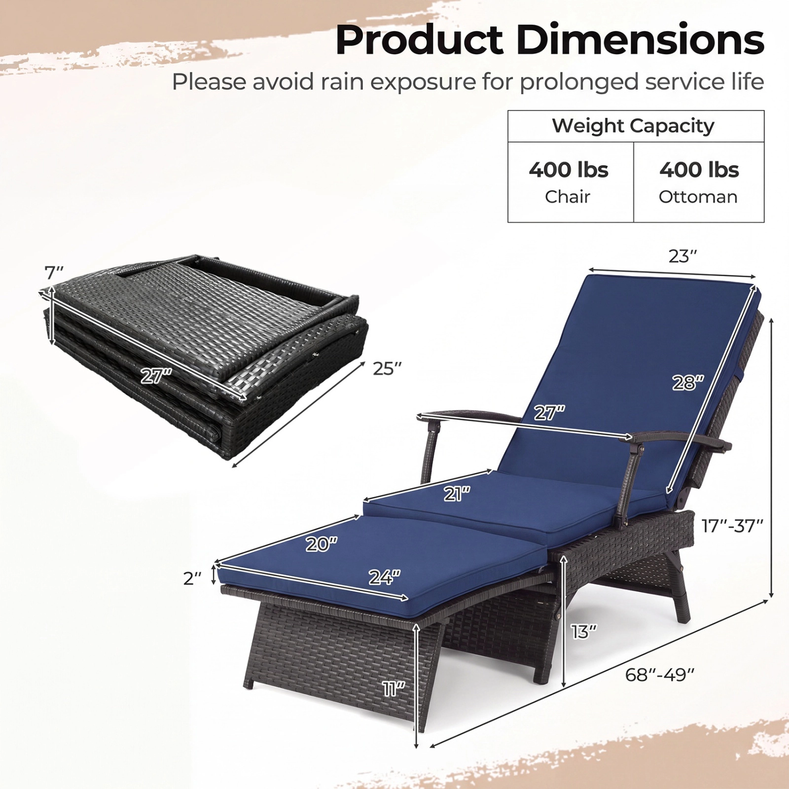 SUGIFT Folding Wicker Chaise Lounge Slide-Out Ottoman 11-Level Adjustable Backrest 400-Lb Capacity Mix Brown Rattan Navy