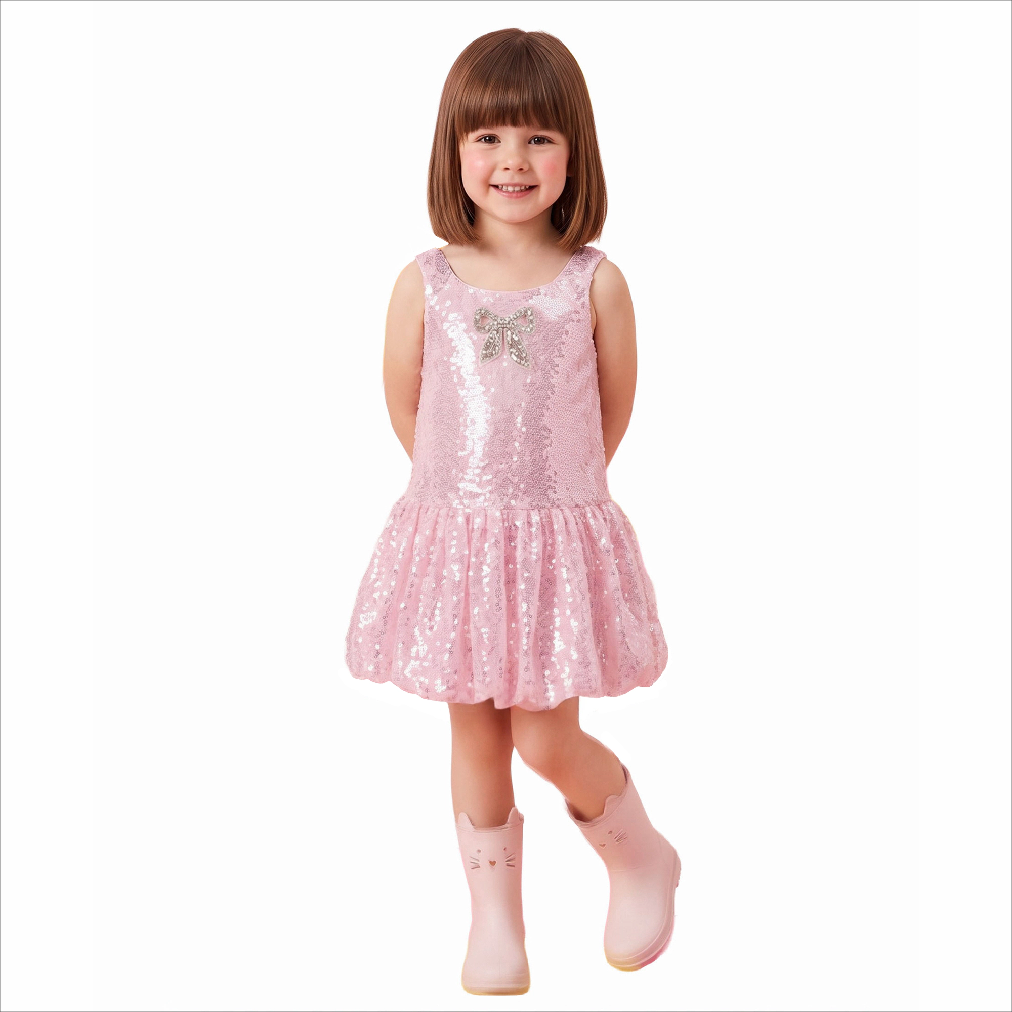 2Bunnies Girls' Sequin Sleeveless Bubble Dress with Rhinestone Bow
