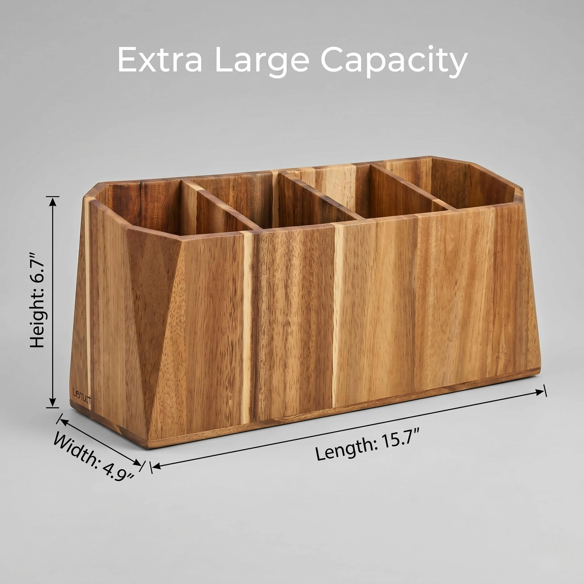WZK Extra Large Acacia Wood Farmhouse Compartments Drain Hole Kitchen Utensil Holder