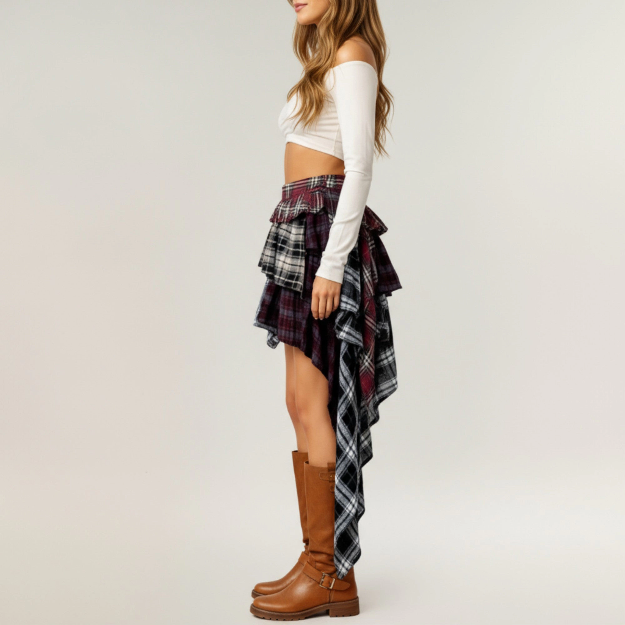 Anna-Kaci Womens Asymmetric Plaid Layered Ruffle Mini Skirt