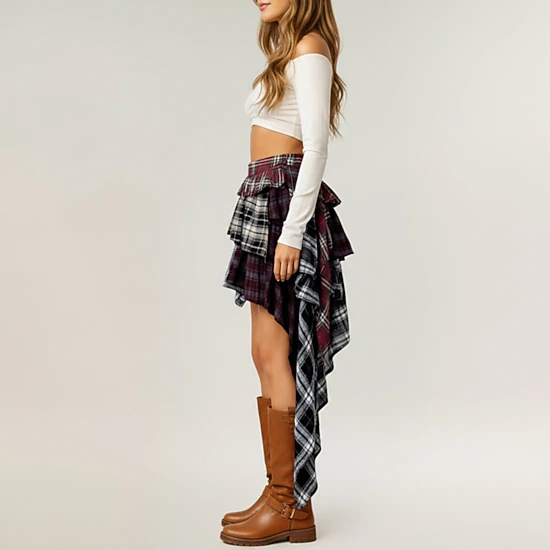 Anna-Kaci Womens Asymmetric Plaid Layered Ruffle Mini Skirt