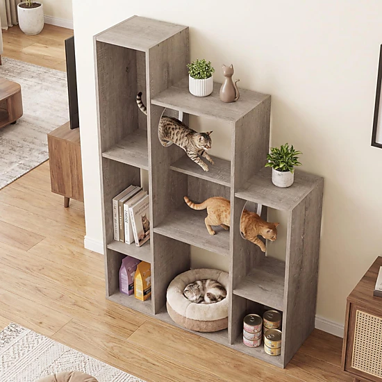 Glintex 8-Section Cat Bookshelf Cabinet with 2 Round Hollow Doors and Anti-Tip Device