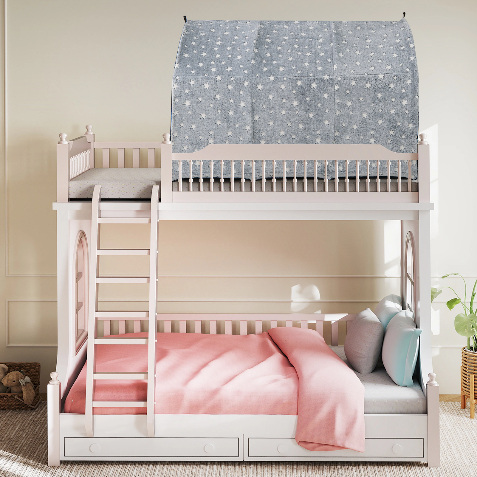Kids Bed Tent for Twin Bunk Bed with Glow in the Dark Stars and Star Light String 54-in Flannel Privacy Canopy Gray