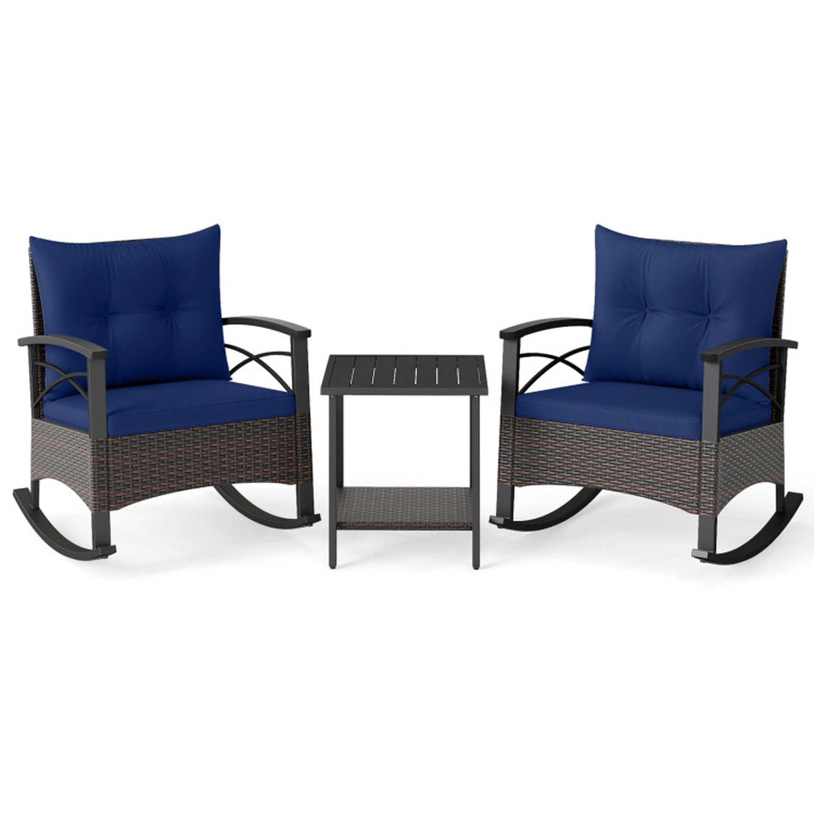 SUGIFT 3-Piece Brown PE Rattan Outdoor Rocking Chair Set with Acacia Side Table, 400-lb Capacity