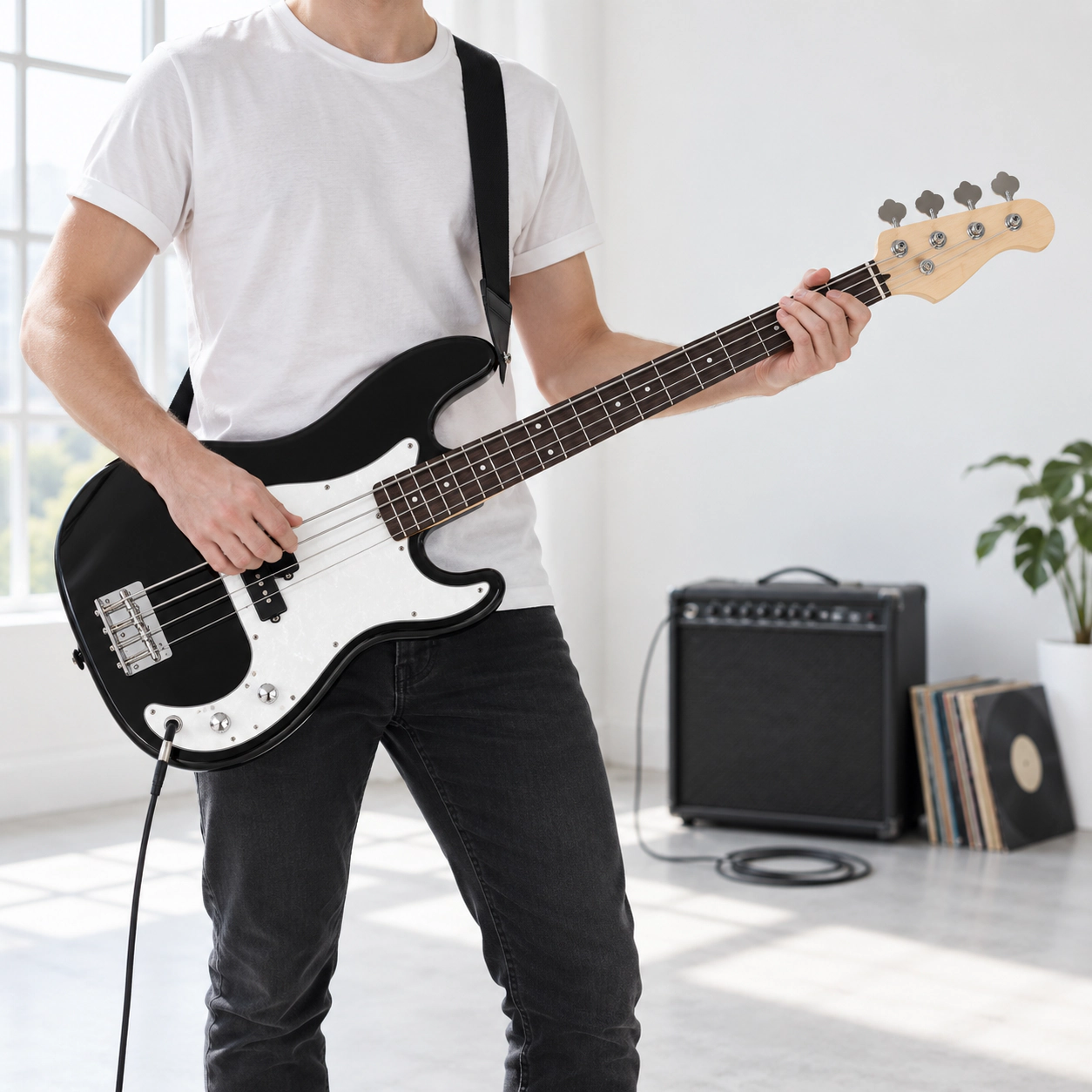 SUGIFT Black 4-String Full Size Electric Bass Guitar with Solid Paulownia Body and Maple Headstock 7.7-lb Weight