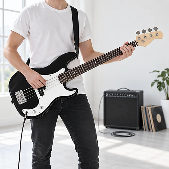SUGIFT Black 4-String Full Size Electric Bass Guitar with Solid Paulownia Body and Maple Headstock 7.7-lb Weight