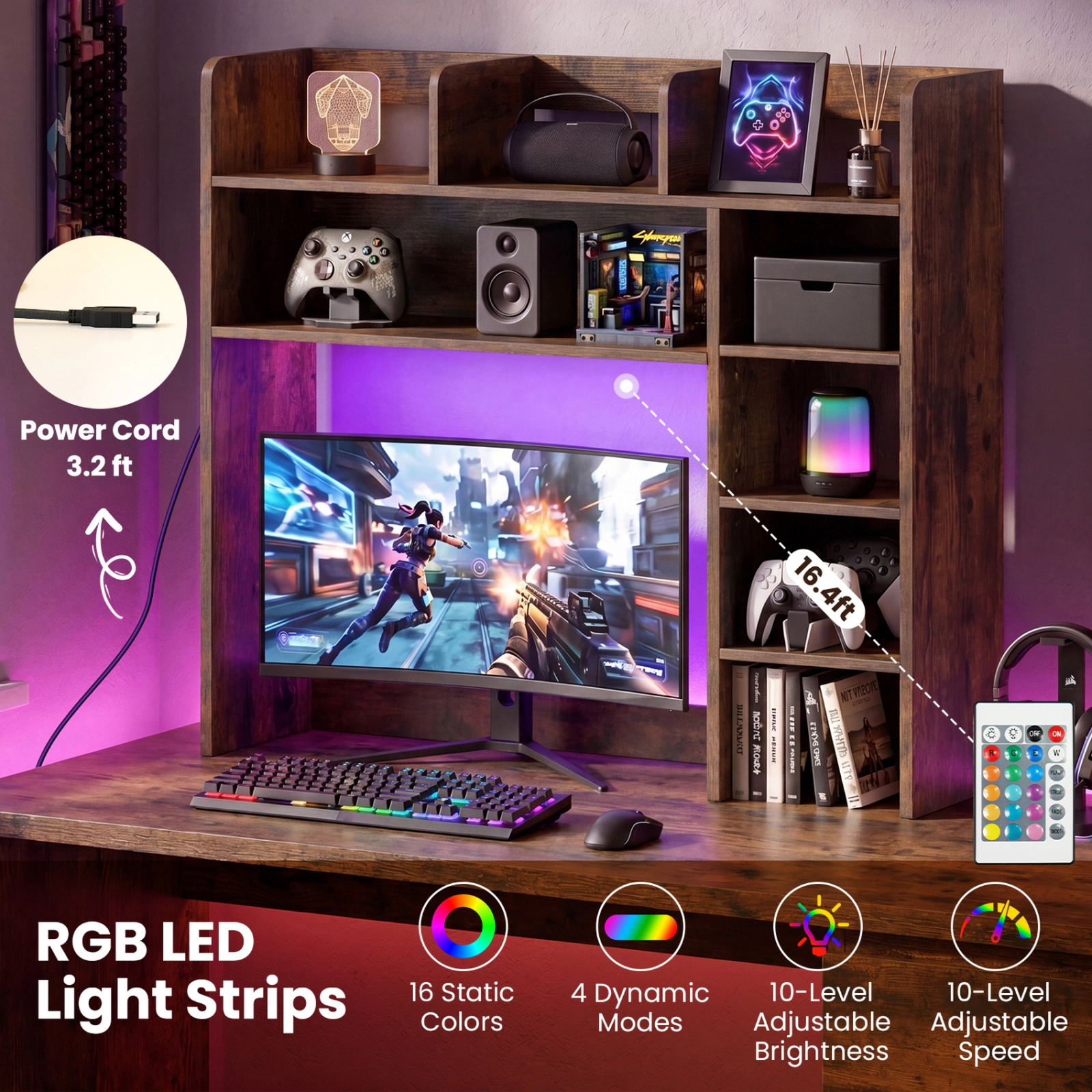 SUGIFT Rustic Brown 35.5 in Desktop Bookshelf with RGB LED Lights and Remote