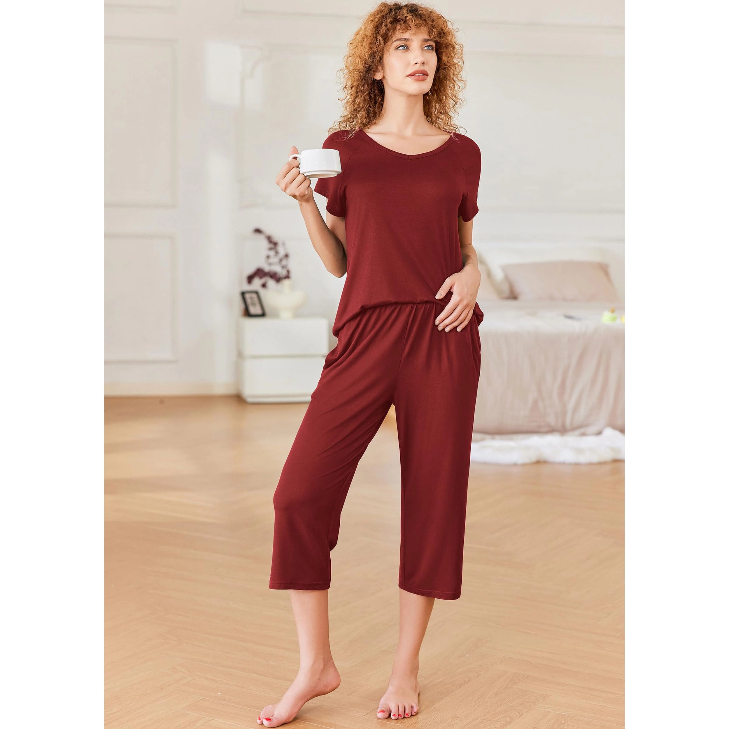 Ekouaer Women's V Neck Short Sleeve Top and Capri Pants Pajama Set