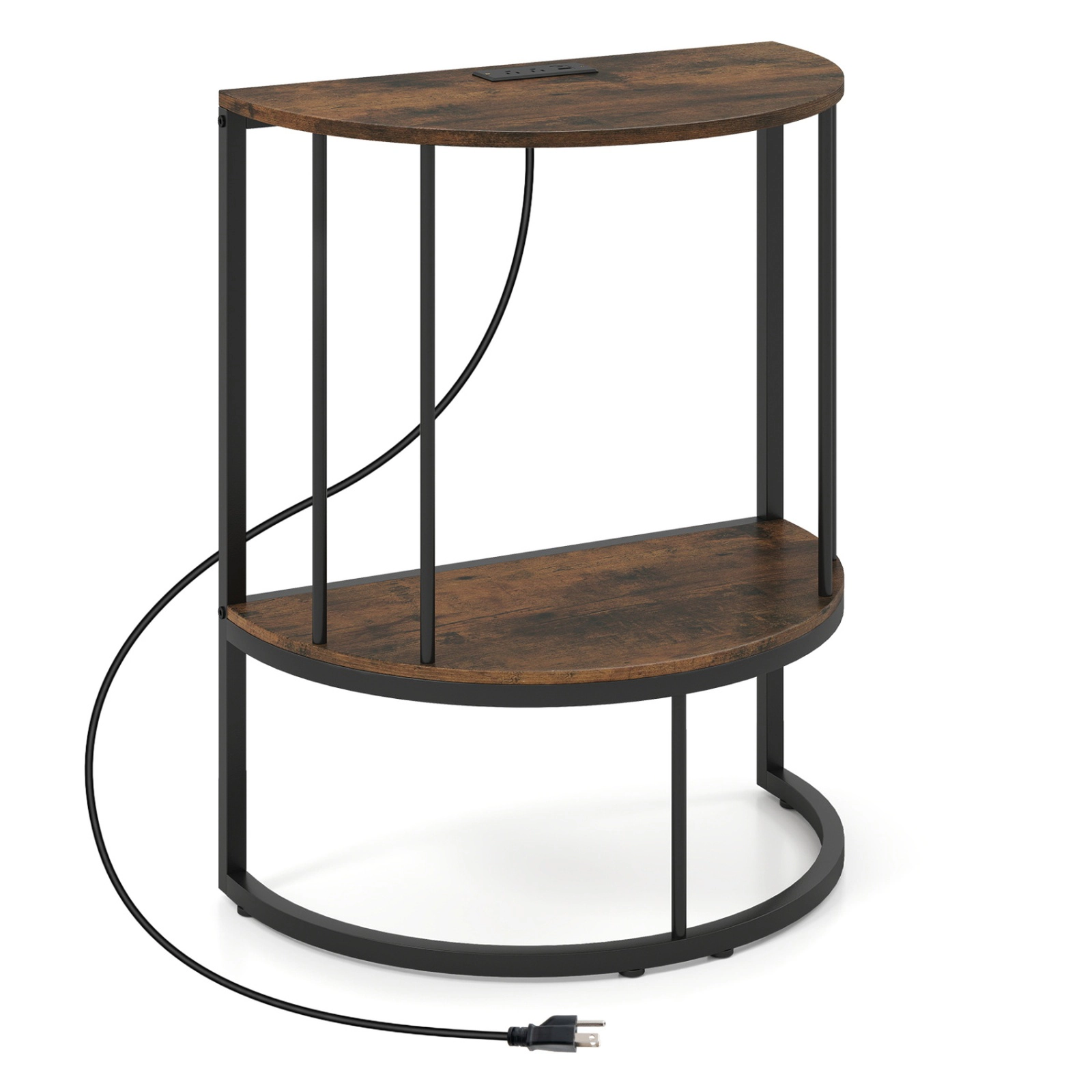 SUGIFT 2-Tier Half Moon Power Outlets USB Type-C Console Table 24-in x 14-in x 29-in 45-lb per Shelf Rustic Brown