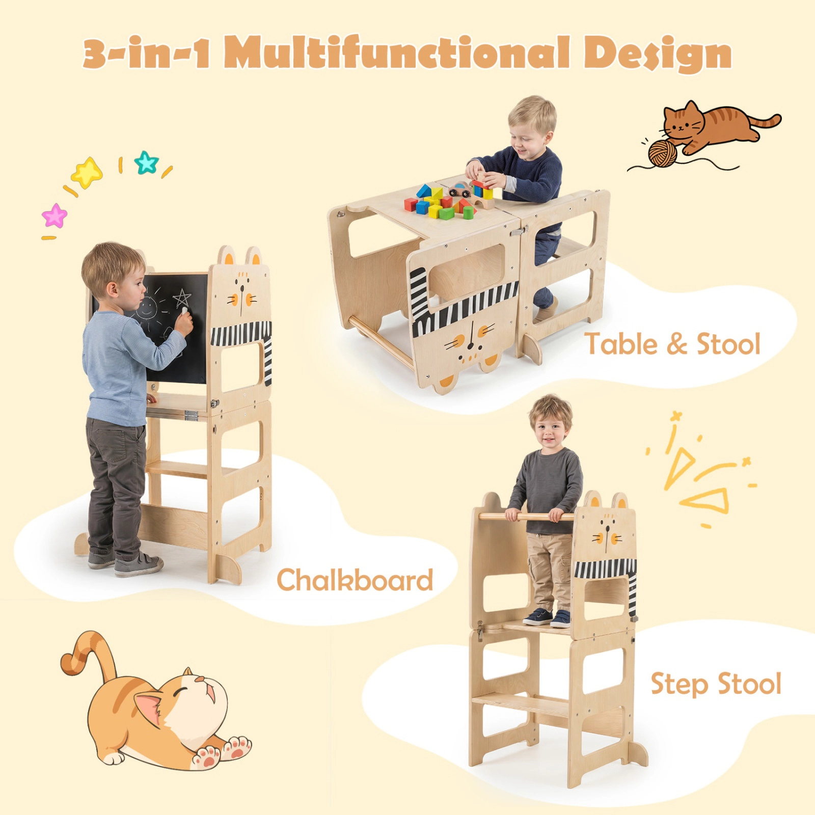 SUGIFT 3-in-1 Wooden Toddler Kitchen Step Stool Black and White with Chalkboard