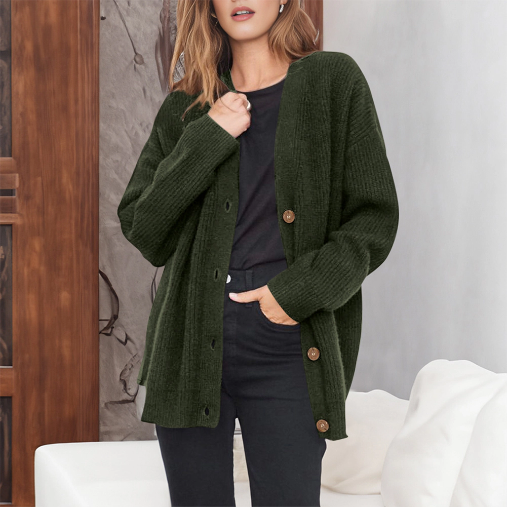 KOJOOIN Women Oversized V Neck Knit Cardigan Ribbed Button Down Sweater Jacket Mid‑Length Loose Outerwear