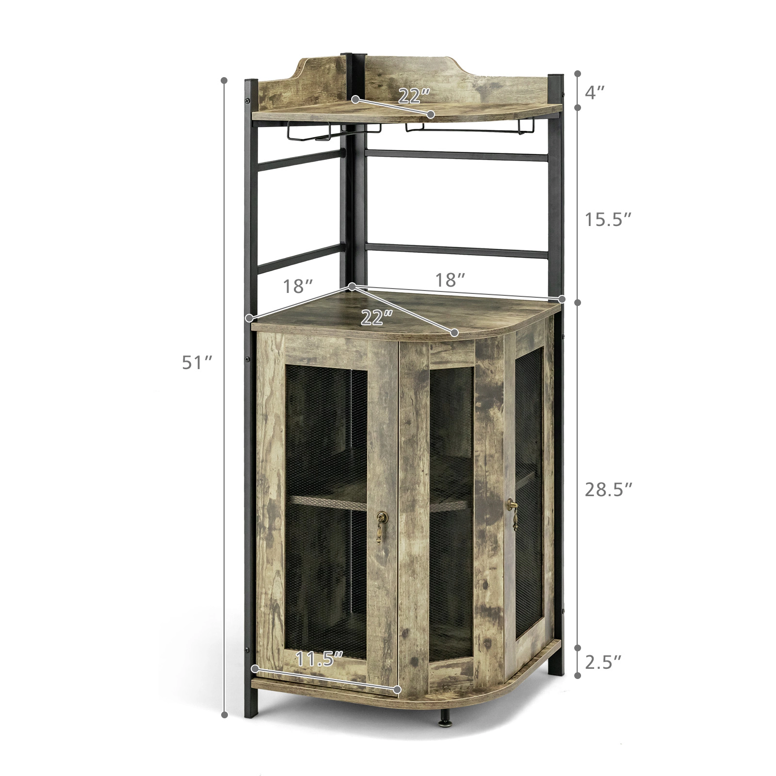 SUGIFT Triangular Industrial Corner Bar Cabinet Sideboard with Glass Holder and Shelf 66-lb Countertop Capacity