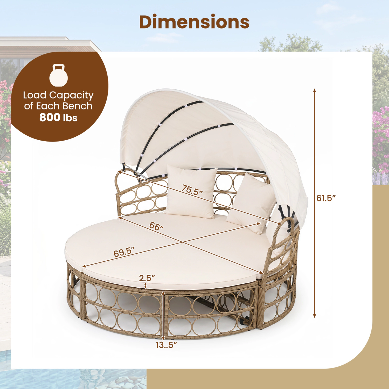 LJG Outdoor Patio Daybed with Retractable Canopy and Cushions Yellow Wicker Rattan Furniture Set