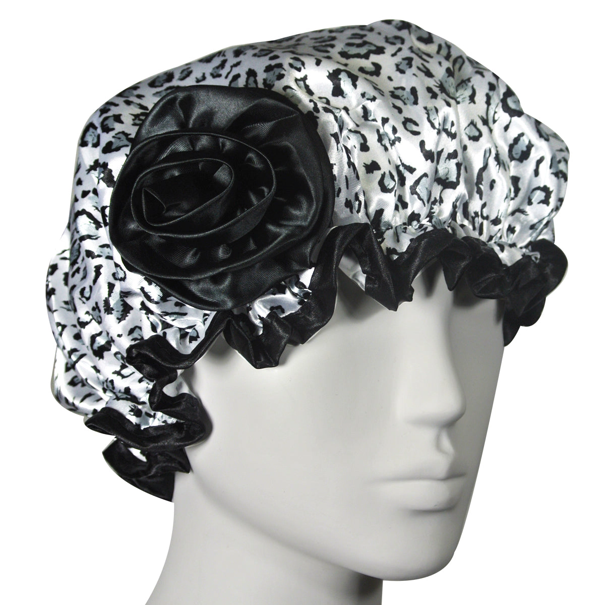 Wrapables Women's Stylish Satin Shower Cap, Black & White Leopard