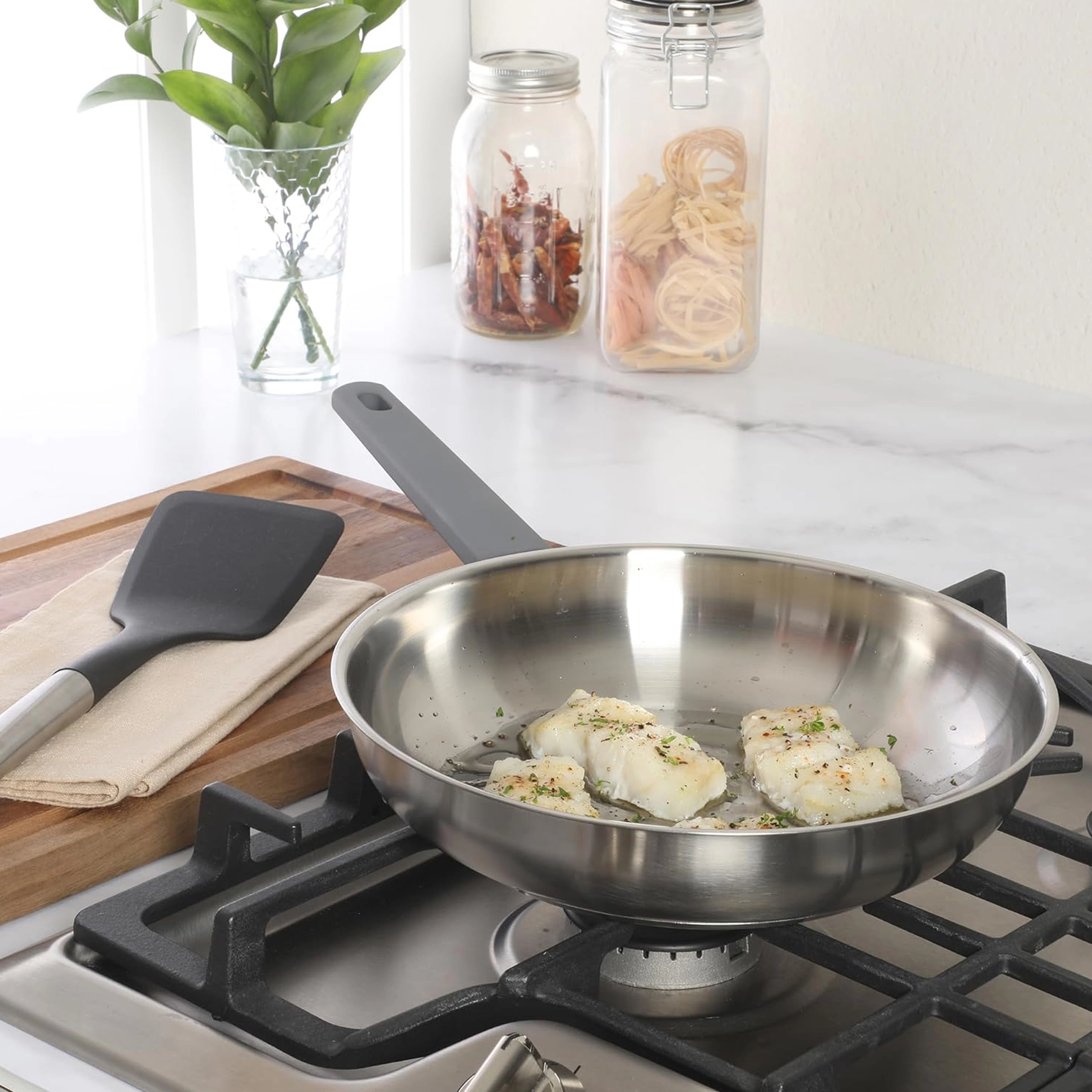 Oster Beauford Inch Stainless Steel Frying Pan with Soft-Touch Handle in Silver