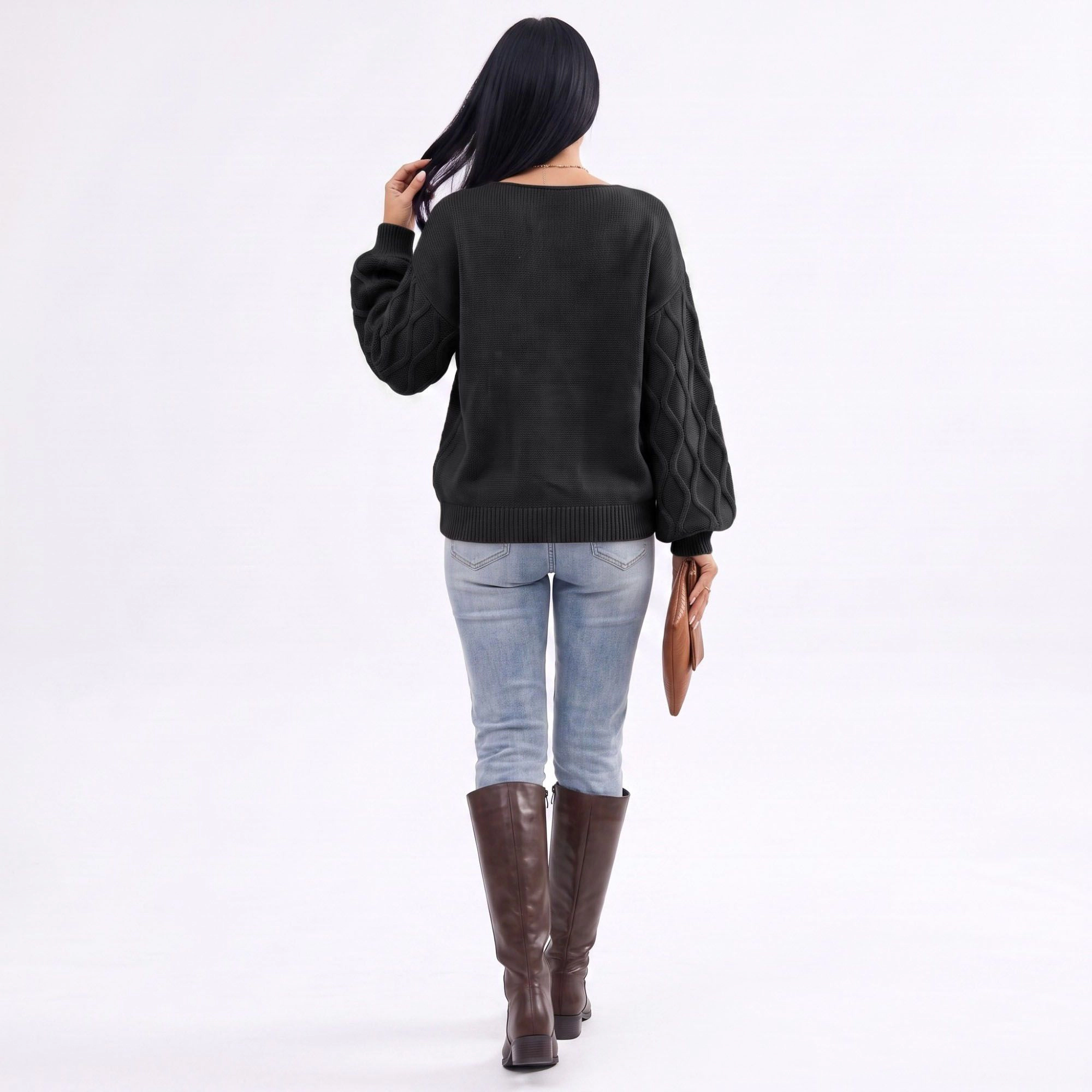 Anna-Kaci Women's Cable Knit V-Neck Balloon Sleeve Sweater
