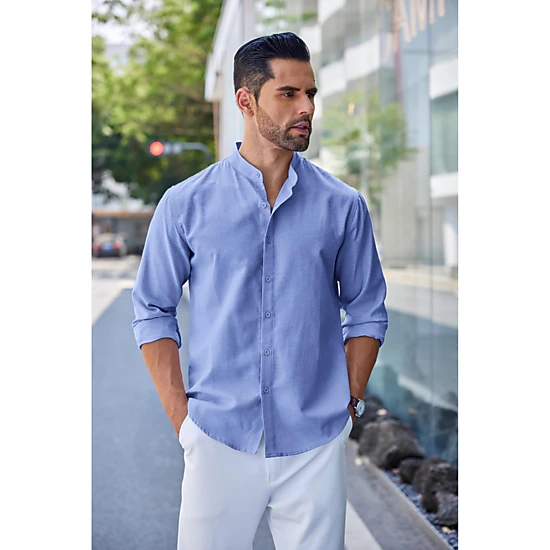 COOFANDY Mens Casual Long Sleeve Shirts Henley Band Collar Button Down Curved Hem