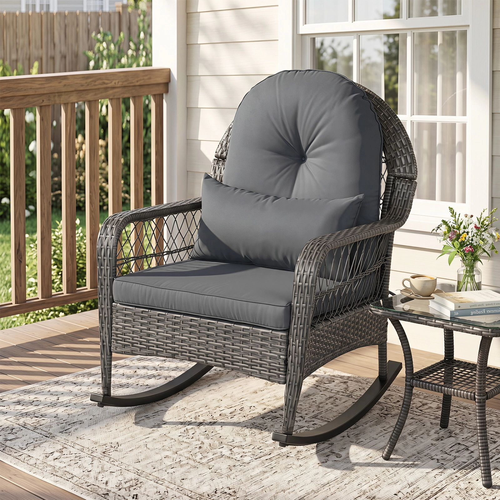 SUGIFT 400-lb Capacity Patio Rattan Rocker Chair with Anti-Tip Stoppers and Cushions 25-in Wide 34-in Tall Porch Gray