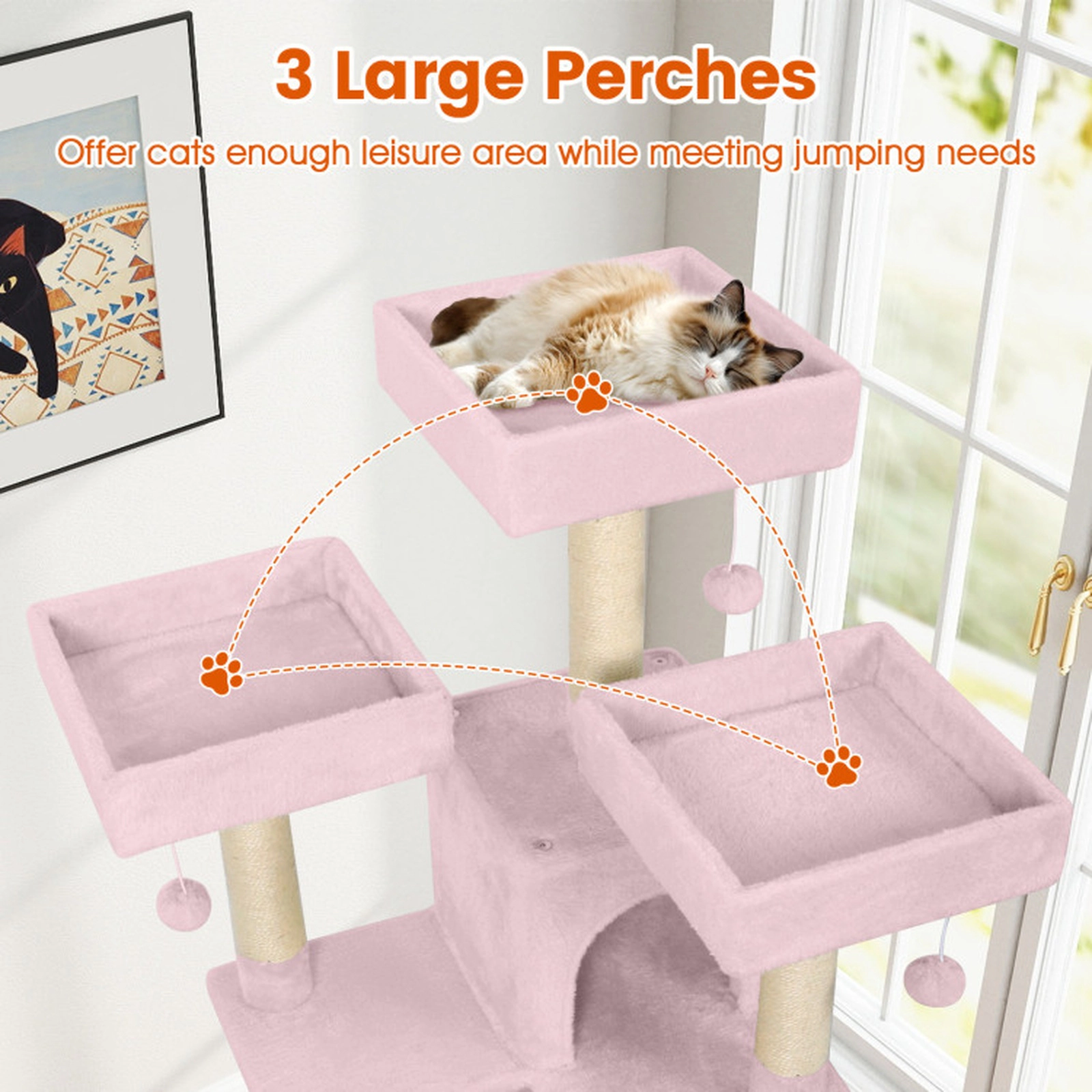 SUGIFT 65-in Tall Multi-level Cat Tree with 3 Upholstered Perches and 2 Cat Condos Pink
