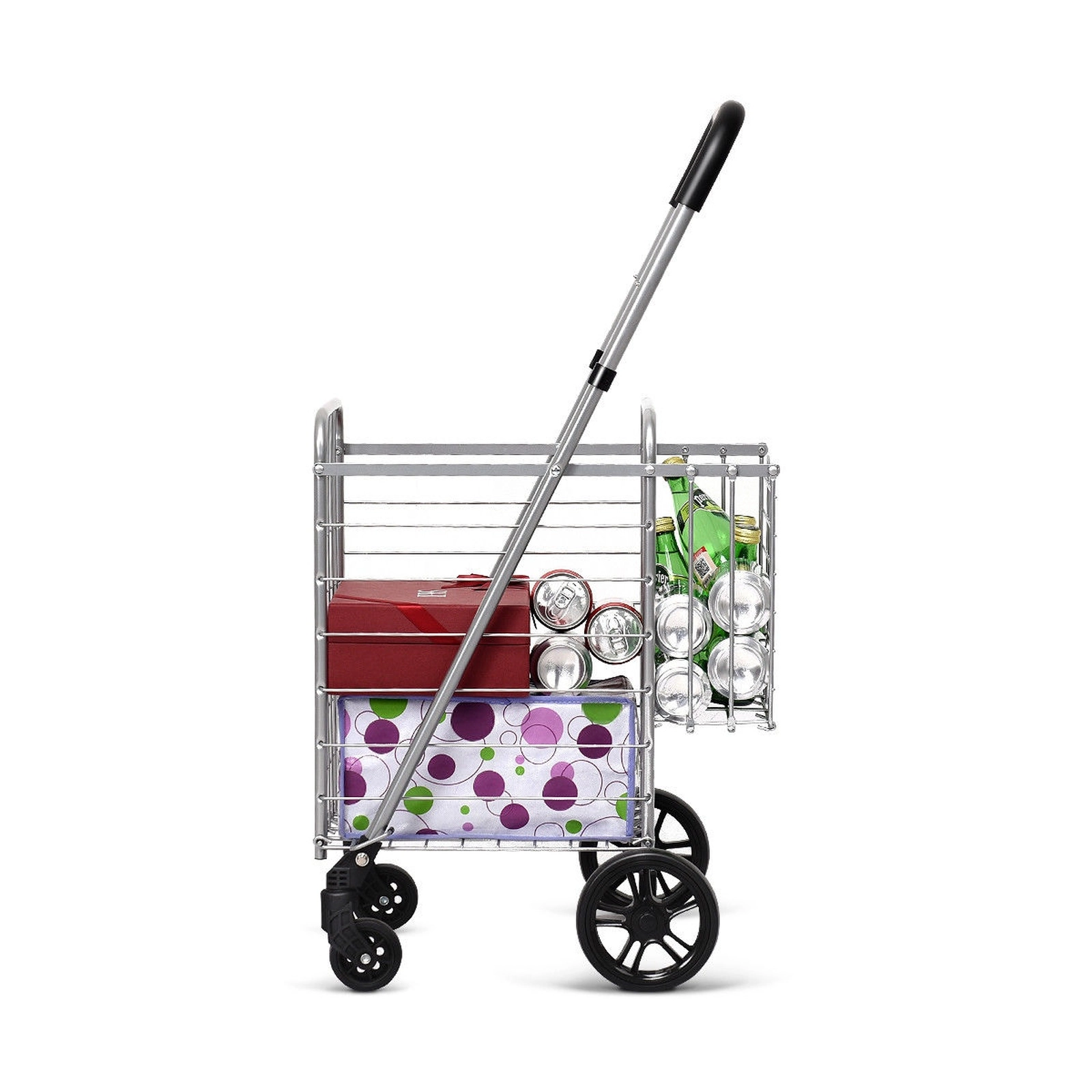 SUGIFT Folding Two-Basket Shopping Cart Rolling Trolley with Adjustable 35-37.5-in Handle 44-lb Capacity Black/Silver