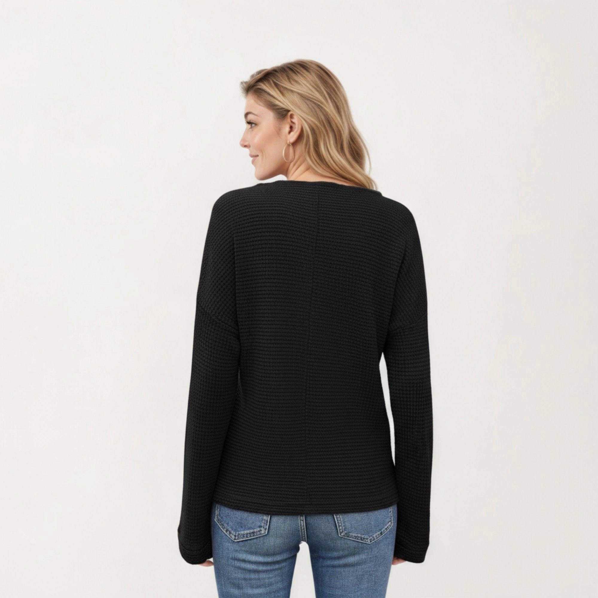 Anna-Kaci Women's Textured Split Neck Relaxed Fit Long Sleeve Knit Pullover Top