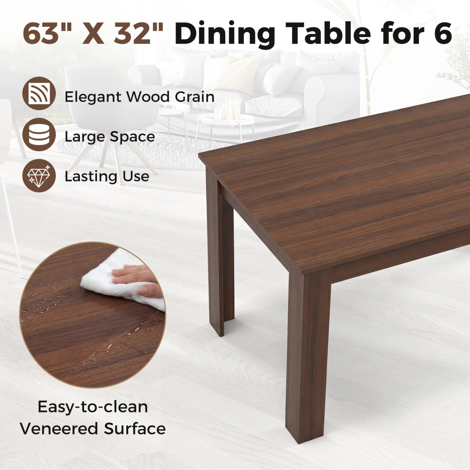 SUGIFT 63-in Rectangular Modern Engineered Wood Dining Kitchen Table 200-lb Capacity Walnut