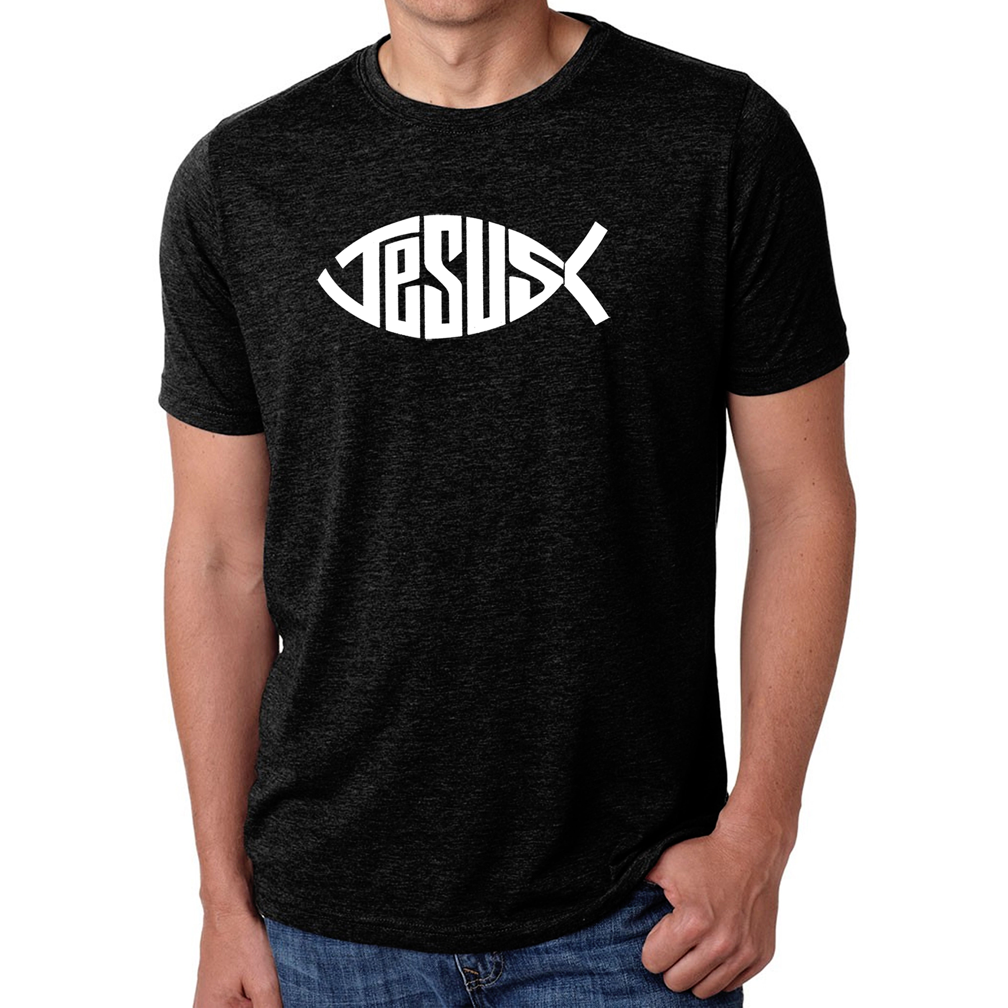 LA Pop Art Men's Cotton/Poly Blend Word T-Shirt - Christian Jesus Fish (Ichthys) Design