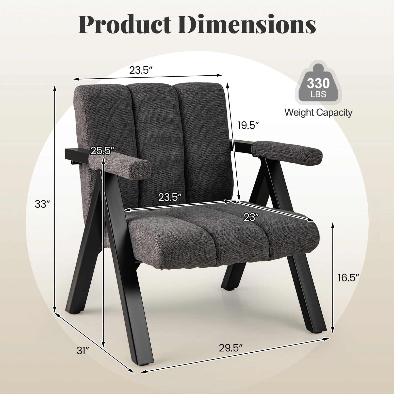 SUGIFT Oversized Accent Chair with Metal Frame and Armrests 330-Lb Capacity Gray with Black Accents