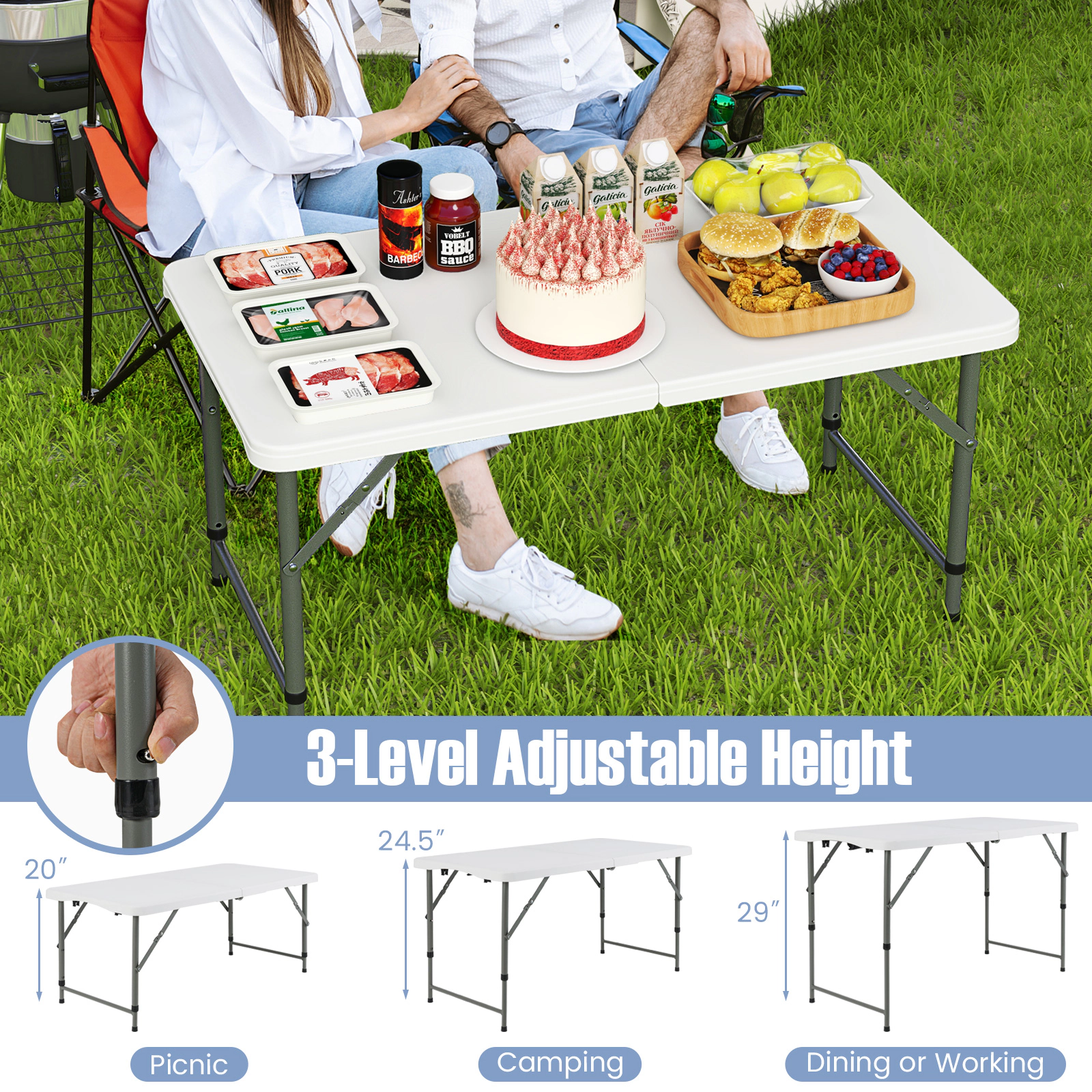 SUGIFT 4-Feet Adjustable Camping Table with HDPE Tabletop and Metal Legs 220-lb Capacity White 48 x 24-in Surface