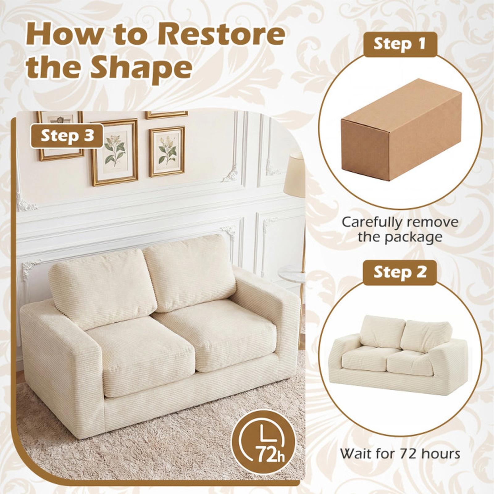 SUGIFT Beige Removable Corduroy Cover 2-Seater Floor Couch Loveseat Foam Sofa