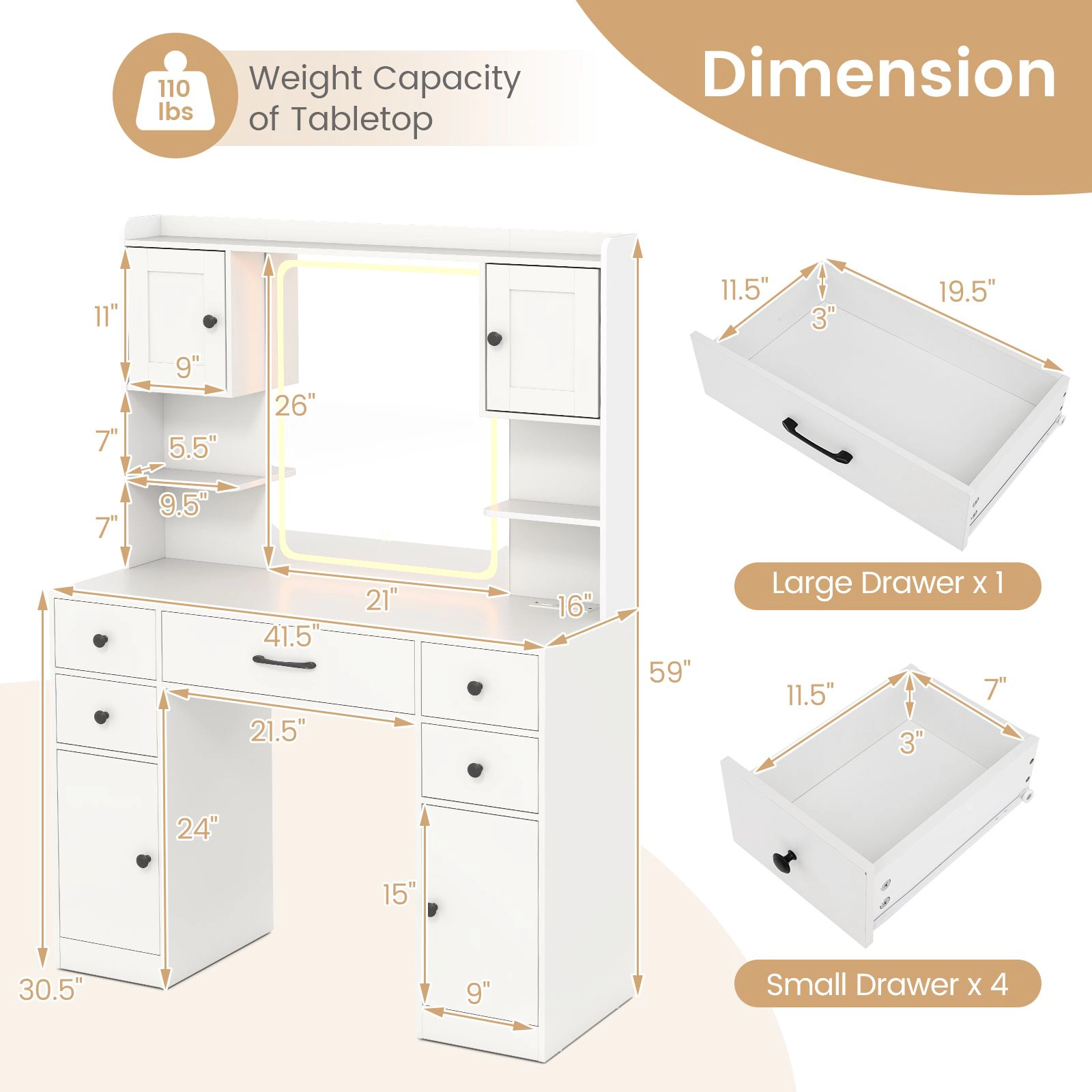SlickBlue White Vanity Table with Mirror and Charging Station