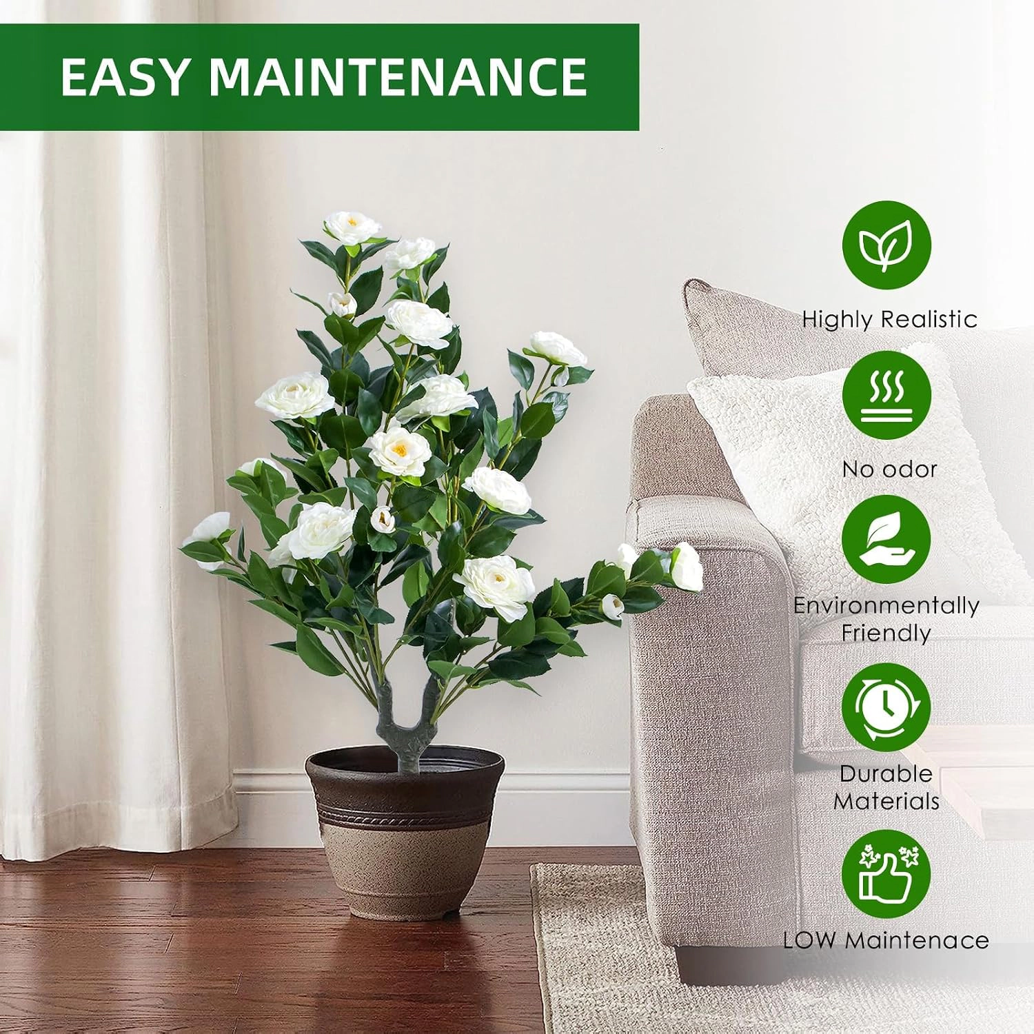 Artificial Topiary Trees, 2 Pack, White Camellia, 2.95 x 1.31 ft