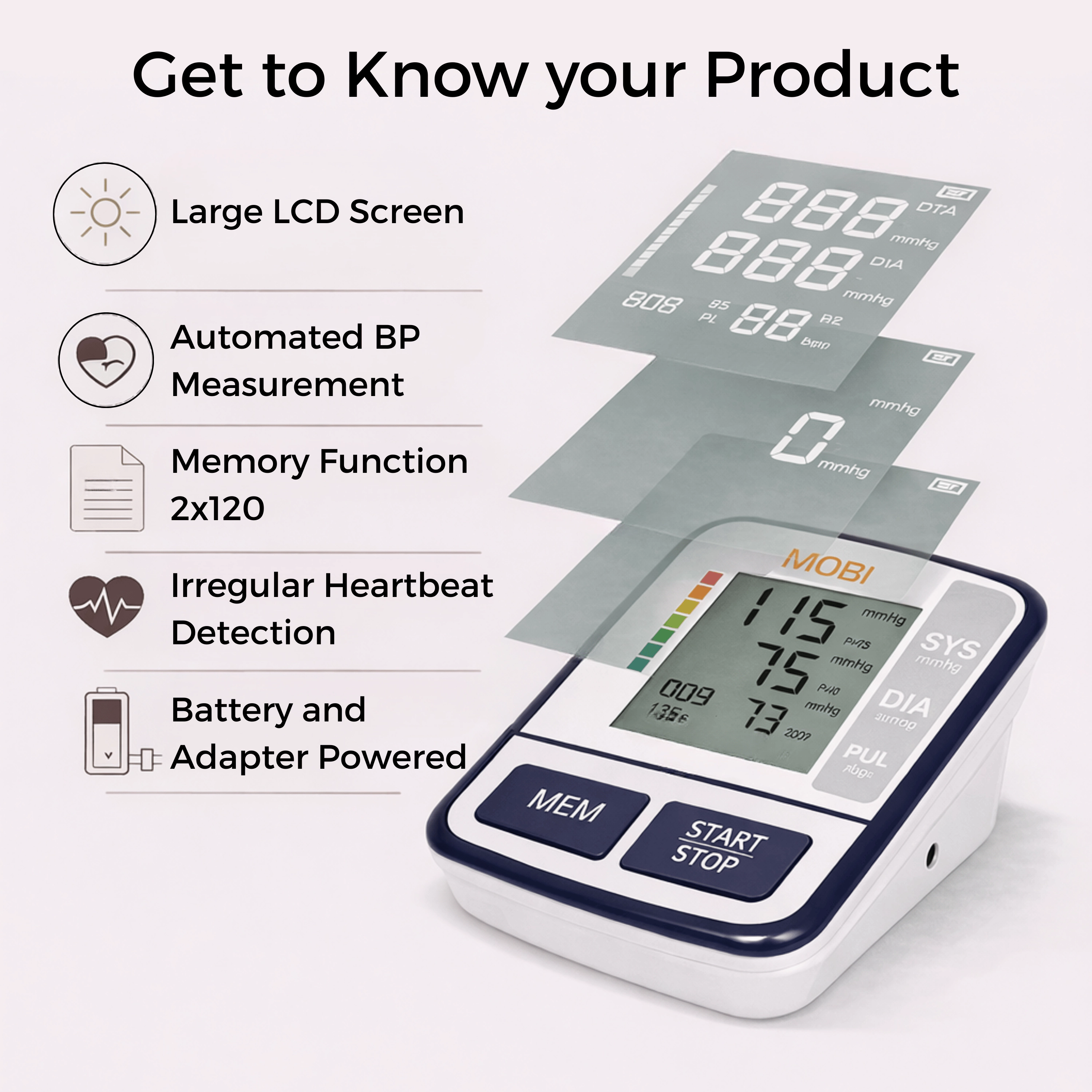 MOBI Upper Arm Blood Pressure Monitor with Memory Recall