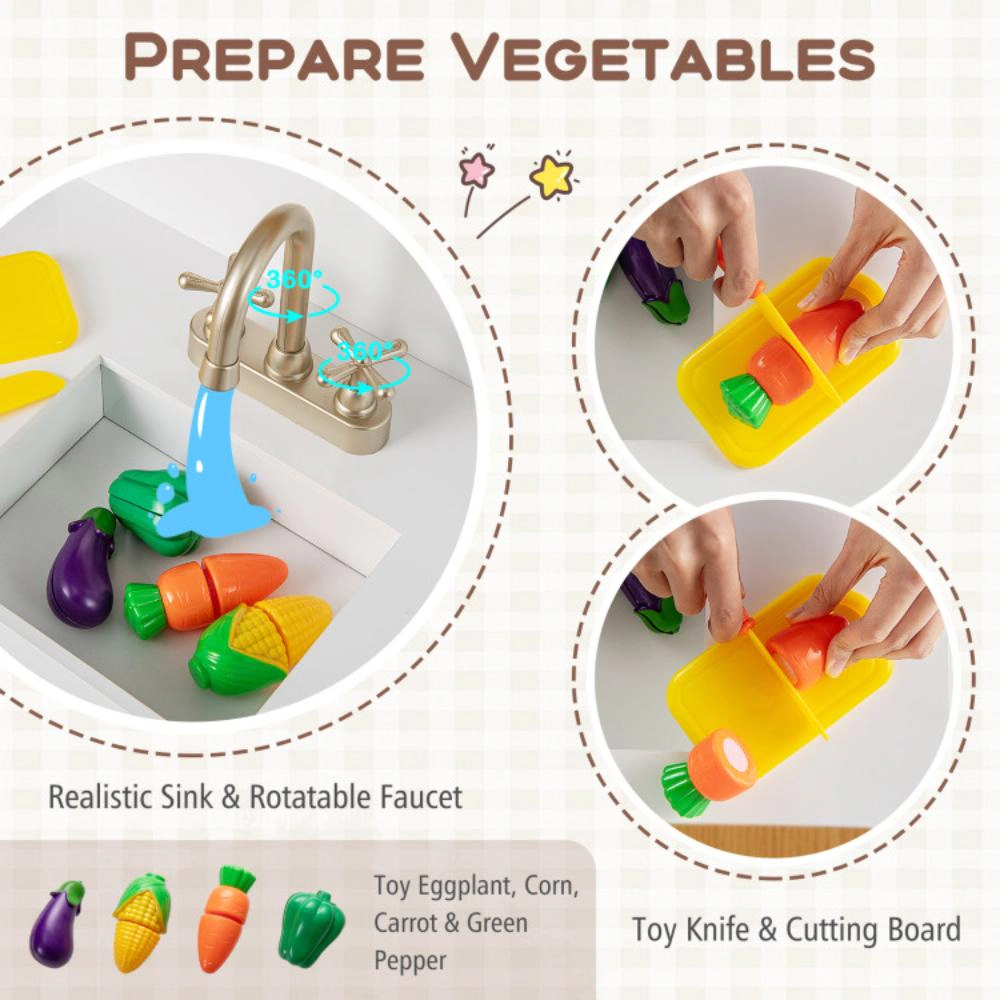 Hivvago Kids Kitchen Playset with Cooking Accessories and Toy Cuttable Veggies-White