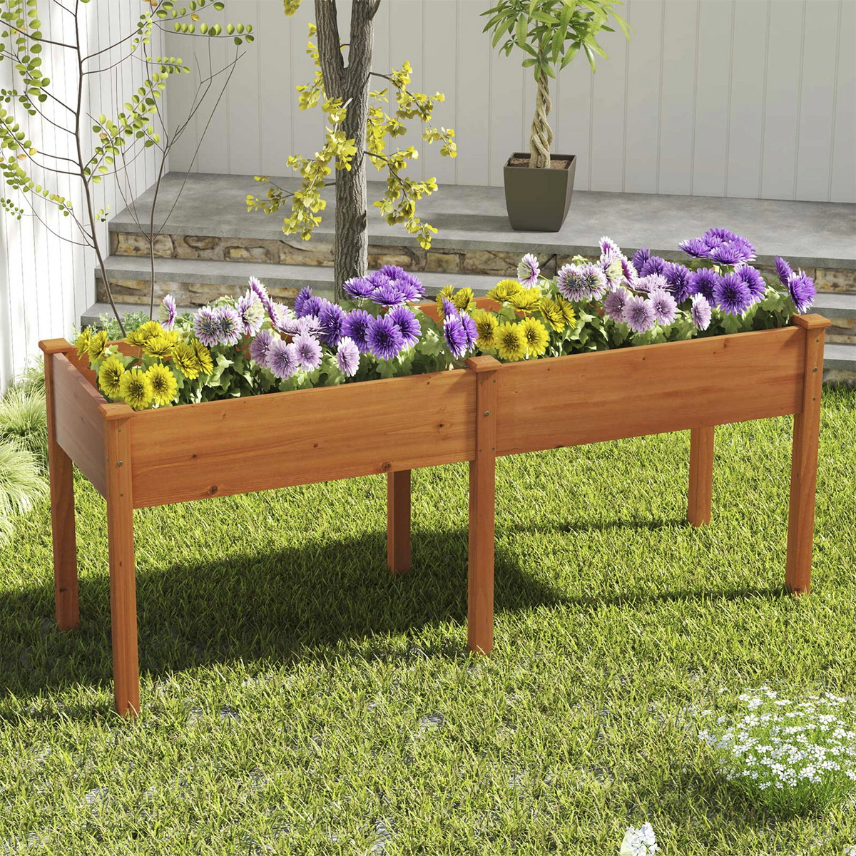 SUGIFT Fir Wood Outdoor Raised Garden Bed with Divider Panel and Drainage Holes 330-lb Capacity Brown/Natural