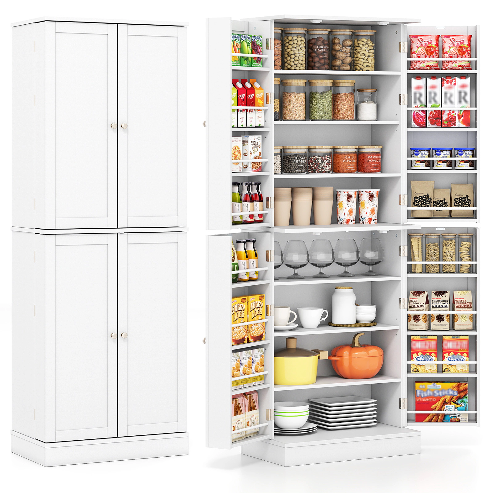 SUGIFT 65.5-in Tall Freestanding White Pantry Storage Cabinet with 6 Adjustable Shelves and 16 Door Shelves