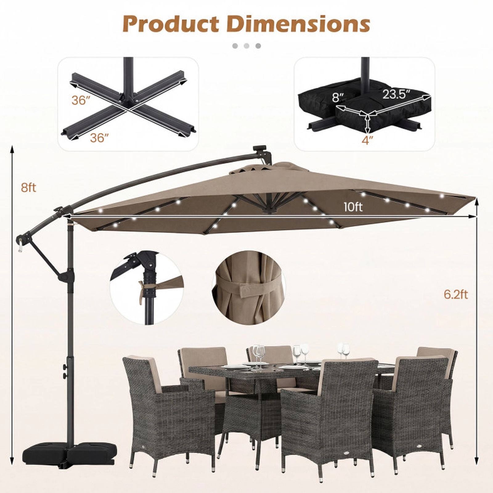 SUGIFT Weighted Cross Base 10 FT Solar LED Offset Cantilever Patio Umbrella