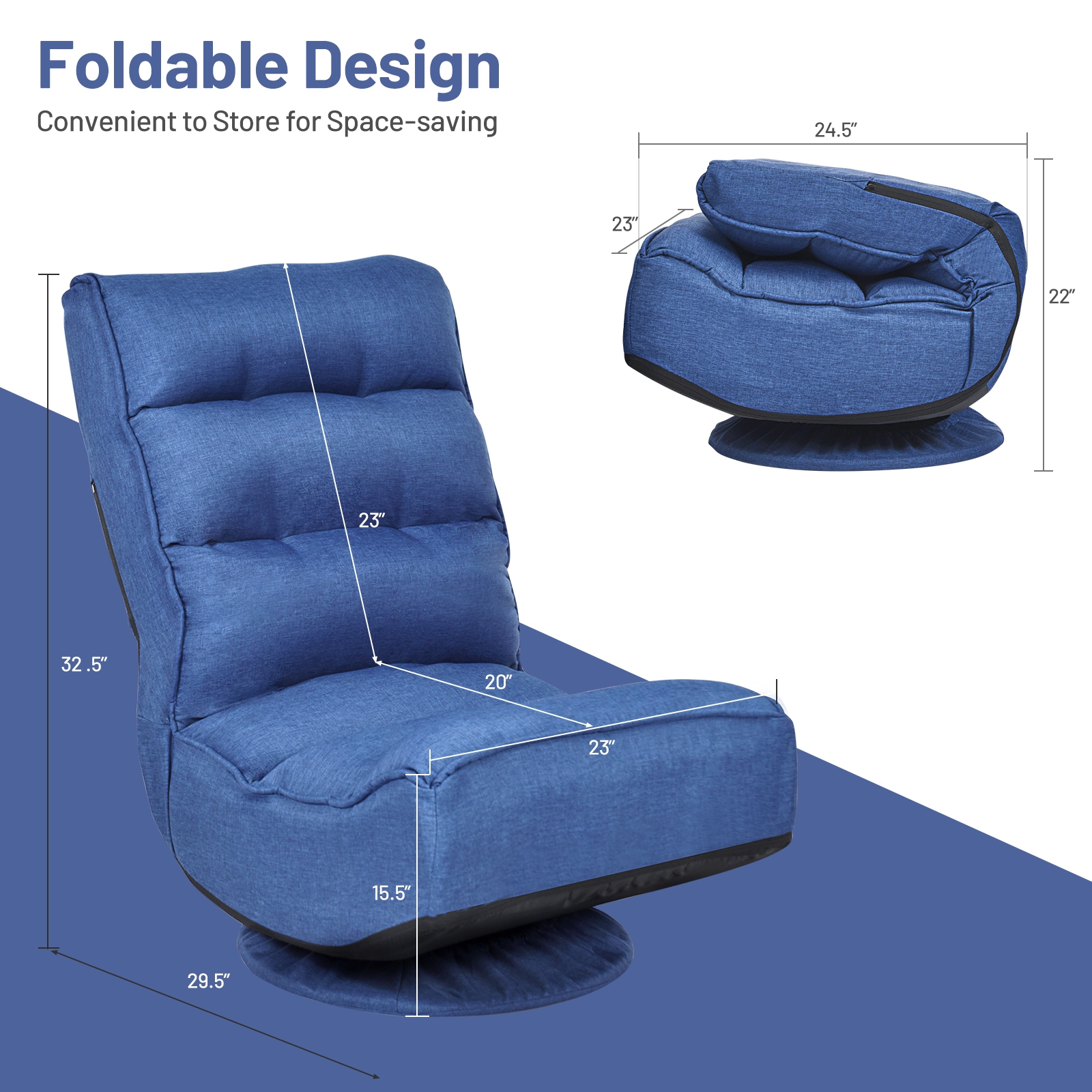 SUGIFT 5-Position 360-Degree Swivel Padded Folding Floor Gaming Chair 23-in x 29.5-in x 32.5-in 300-lb Capacity Navy