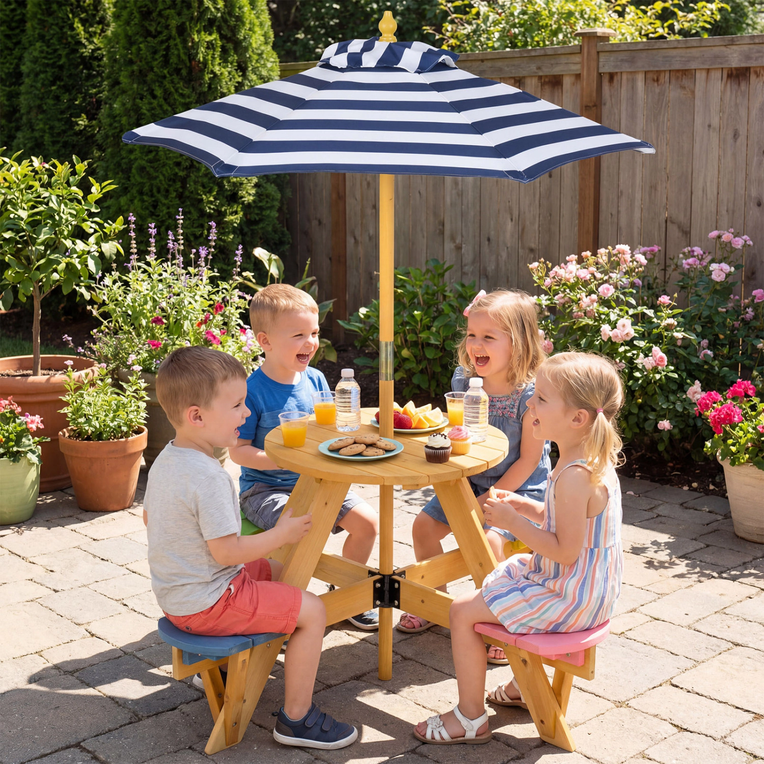 Hivvago Kids Picnic Table With Stools And Foldable Adjustable Umbrella For Backyard And Patio