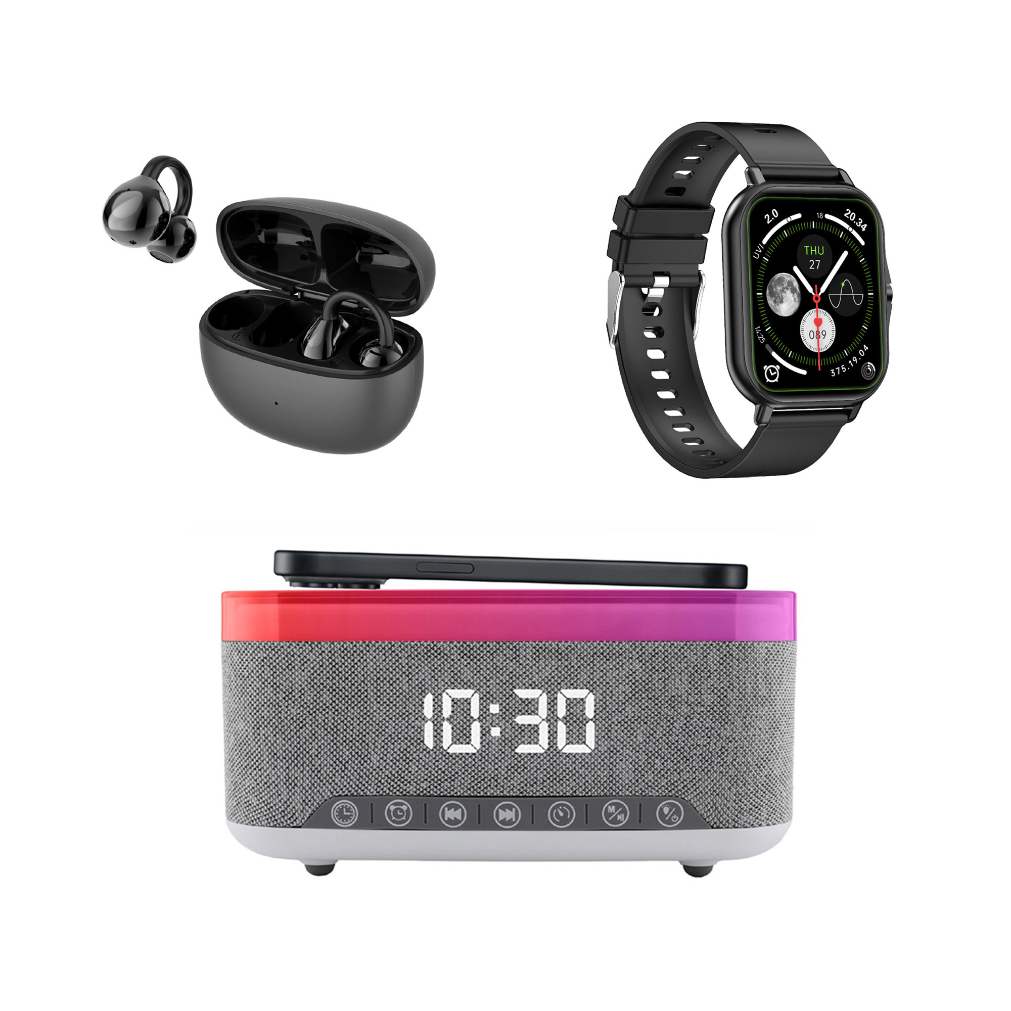 Pursonic Unisex Smart Living Essentials Bundle: Bluetooth Smart Watch, True Wireless Earbuds & 5-in-1 Alarm Clock Hub