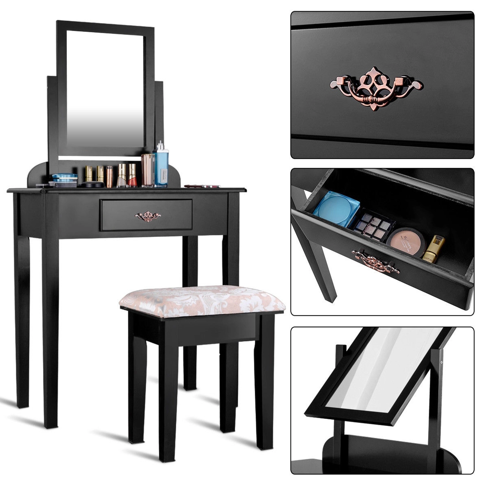 SUGIFT Black Vanity Dressing Table and Stool Set with 19-Inch Mirror