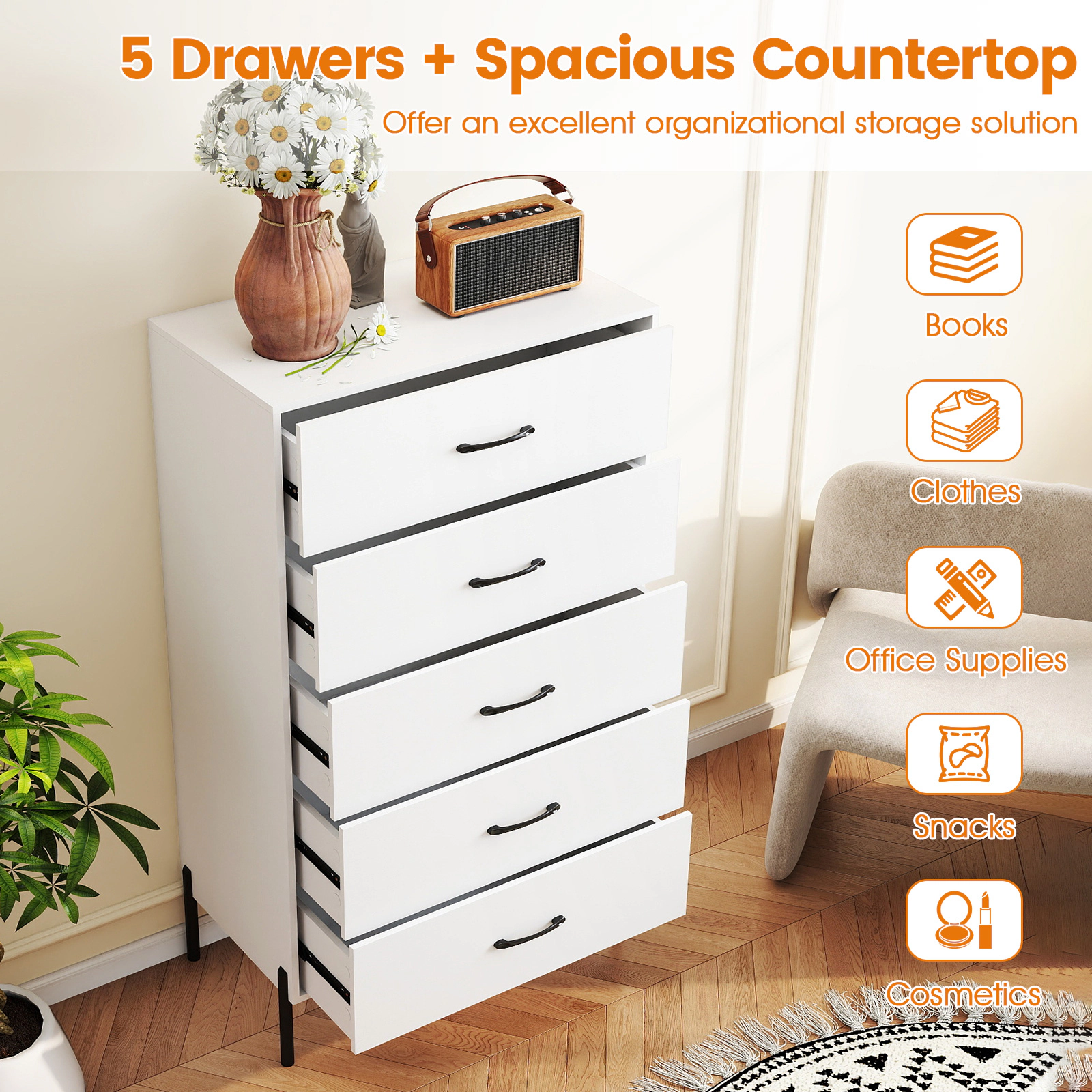 Glintex 49.5-Inch Tall 5-Drawer Chest with Metal Legs and Anti-Tip Kits, White