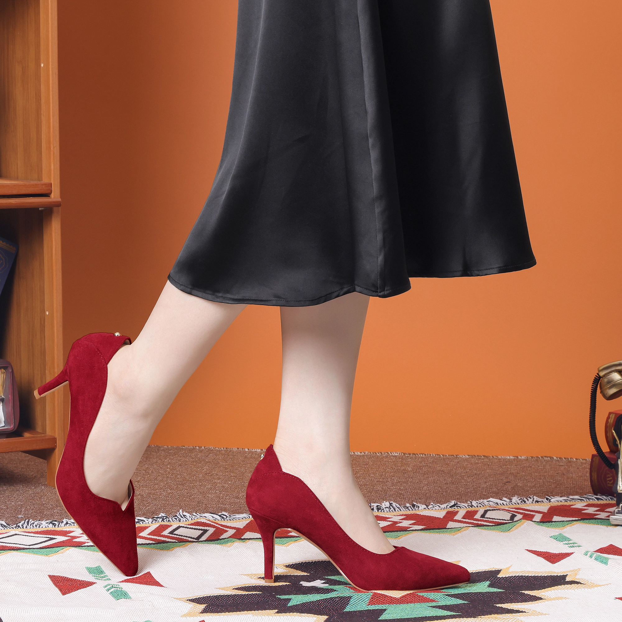 BLISSFUL STEP Women Faux Suede Pointed Toe Stiletto Heels Slip-on Pumps