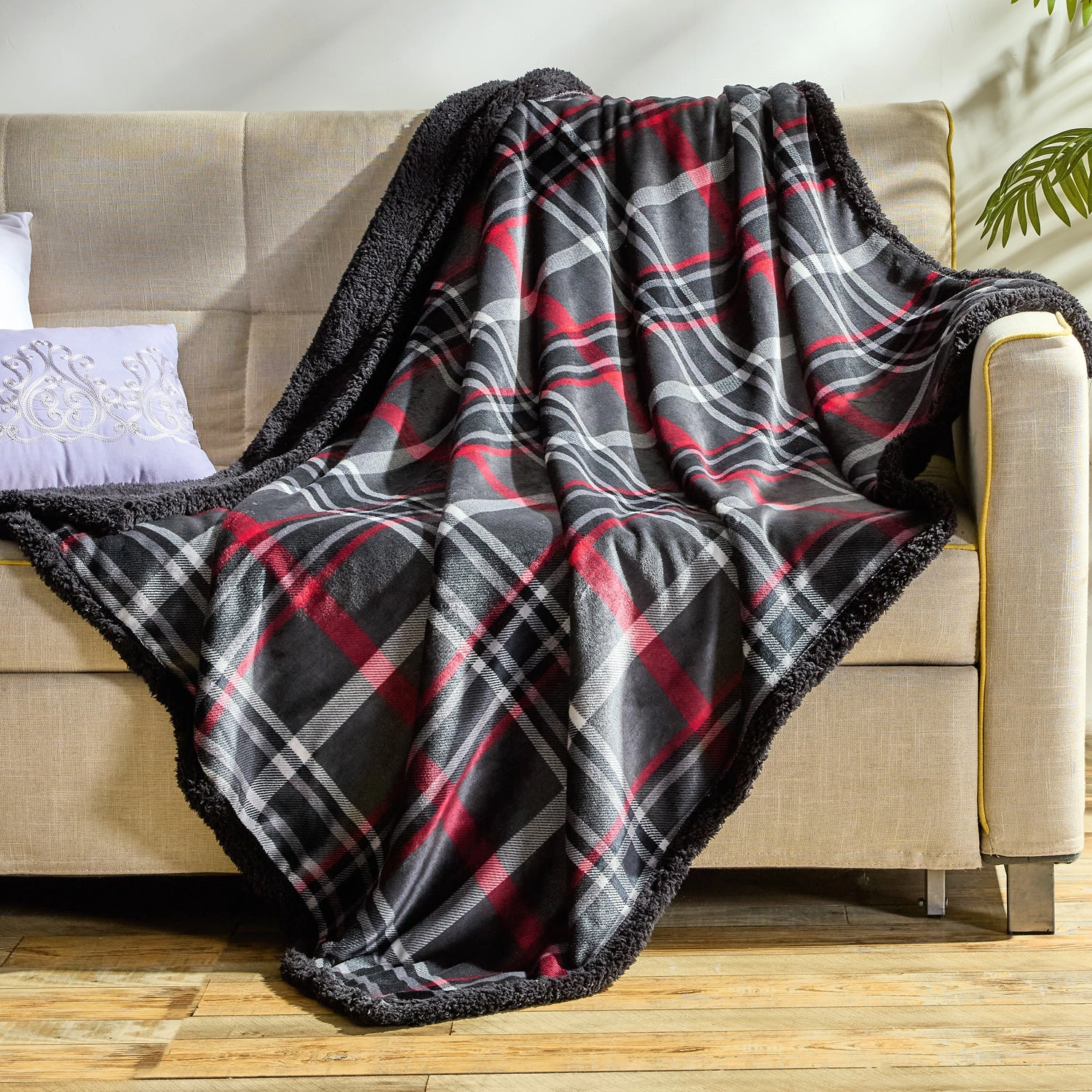 Plazatex Midnight Plaid 100% Polyester Reversible Throw Blanket 50" x 60" Red Black