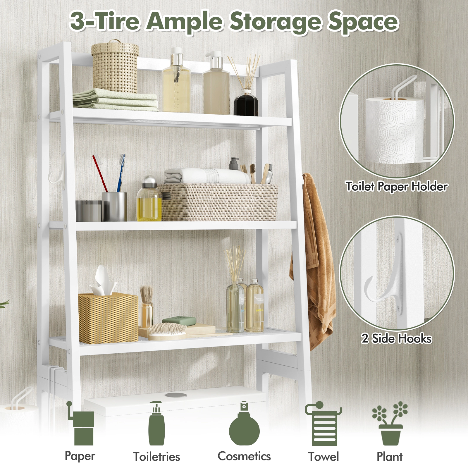 SUGIFT 3-Tier Over The Toilet Metal Storage Shelf with Adjustable Bottom Bar 132-lb Capacity White