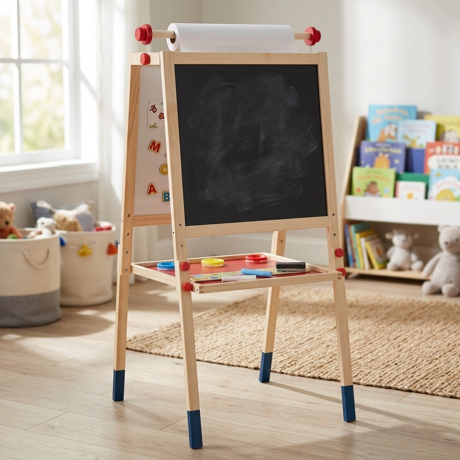 All-in-One Wooden Kids Art Easel 26 Magnetic Letter Stickers Double-Sided Whiteboard Chalkboard 3 Heights to 49 in