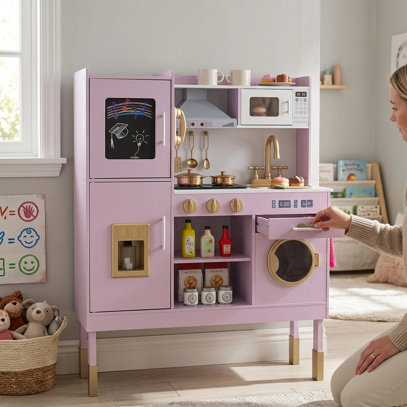 Toy Kitchen Playset for Toddlers Ice Maker Telephone Chef Hat Apron 21-in Counter 32.5-in x 11.5-in x 40.5-in Light Pink