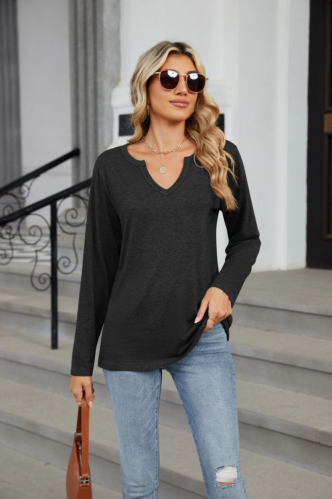 Enchanted Funland Womens Notched V‑Neck Long Sleeve Loose Casual Solid Tops