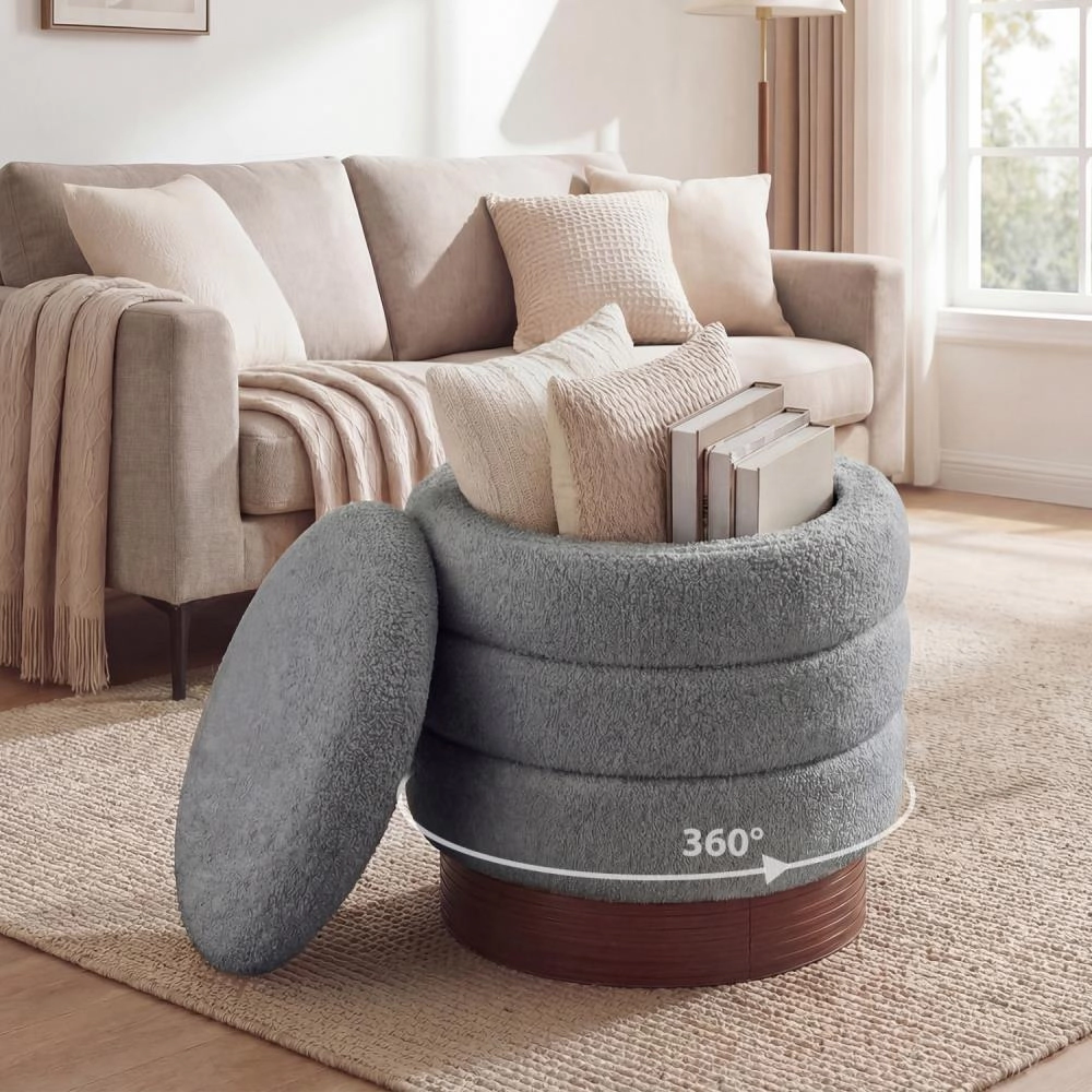 Hivvago Round Storage Ottoman With Acacia Wood Frame For Living Room